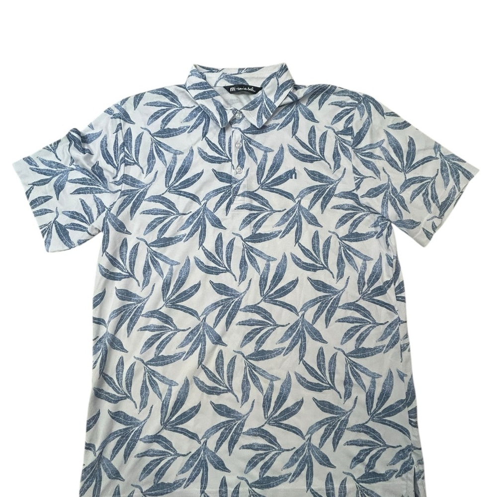 Travis Mathew Gulf‎ of Mexico Pique White and Blue Leaf Print Polo L